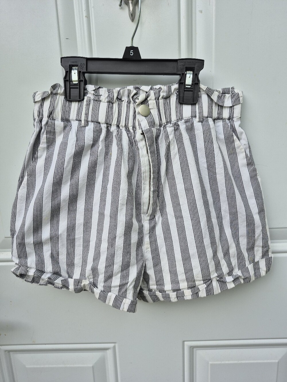 White & Black Pinstripe 100% Cotton Paperbag Shorts With Pockets